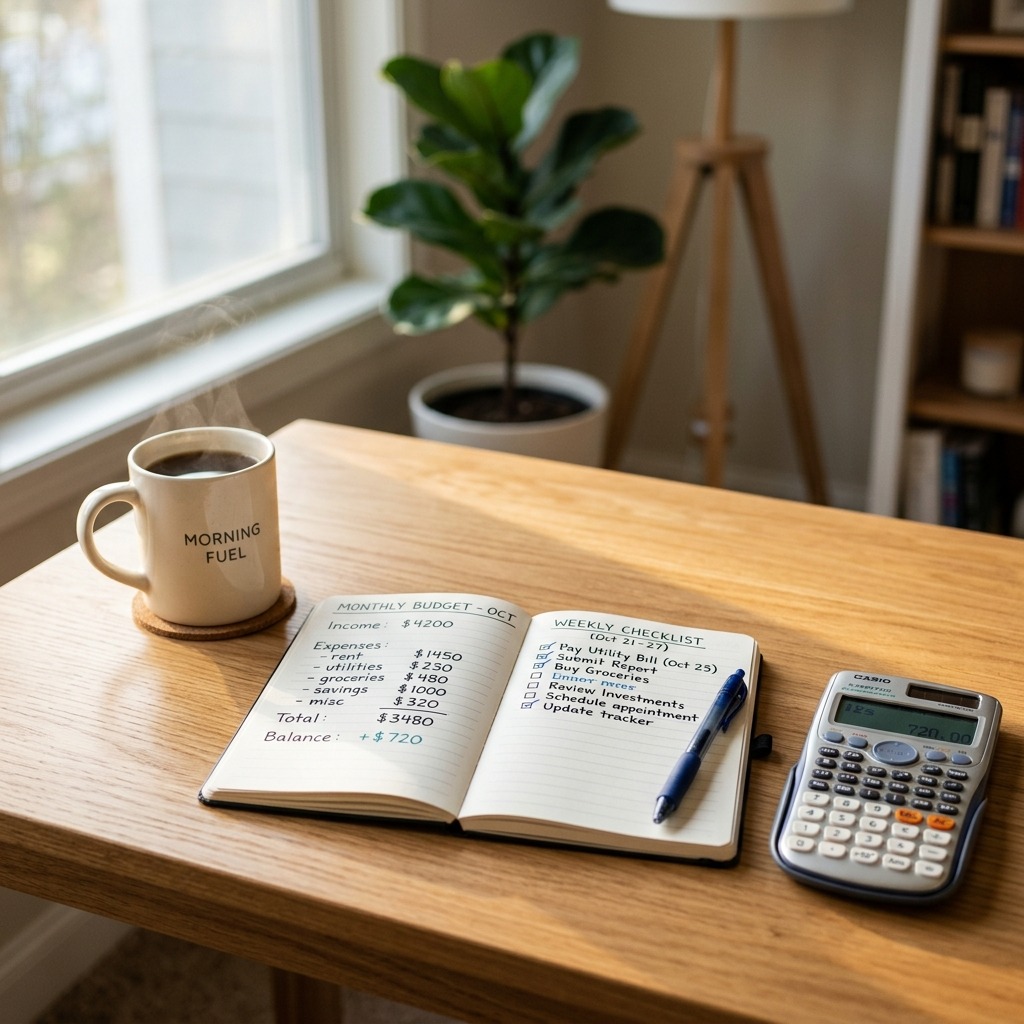 personal cash flow calculator showing notebook and calculator on wooden desk