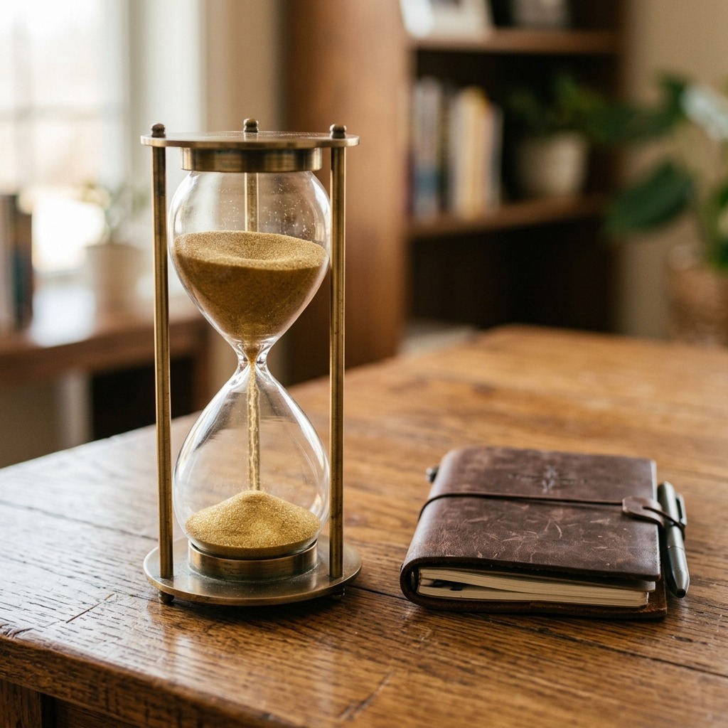 savings longevity calculator showing hourglass and planner on desk